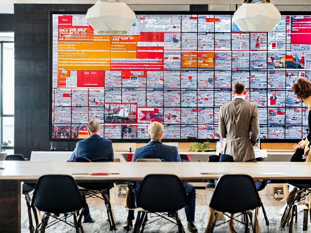 RAW photo, a visually compelling infographic displayed on a large screen in a conference room, illustrating the impact of AI on business marketing strategies, with business professionals discussing in the background, vibrant colors, soft focus effect, 8k UHD, high resolution