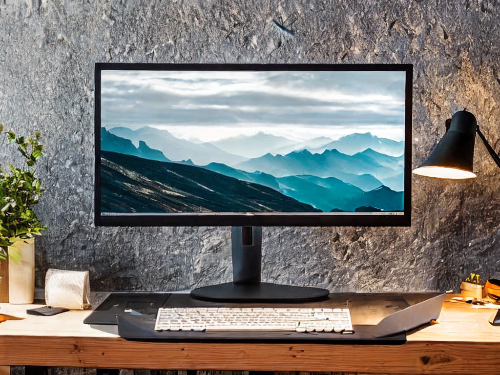 RAW photo, a modern workspace with a sleek computer setup displaying AI-related graphics on the screen, soft natural light coming from a nearby window, focus on the intricate details of the technology, 8k uhd, high quality, realistic photo, film grain effect