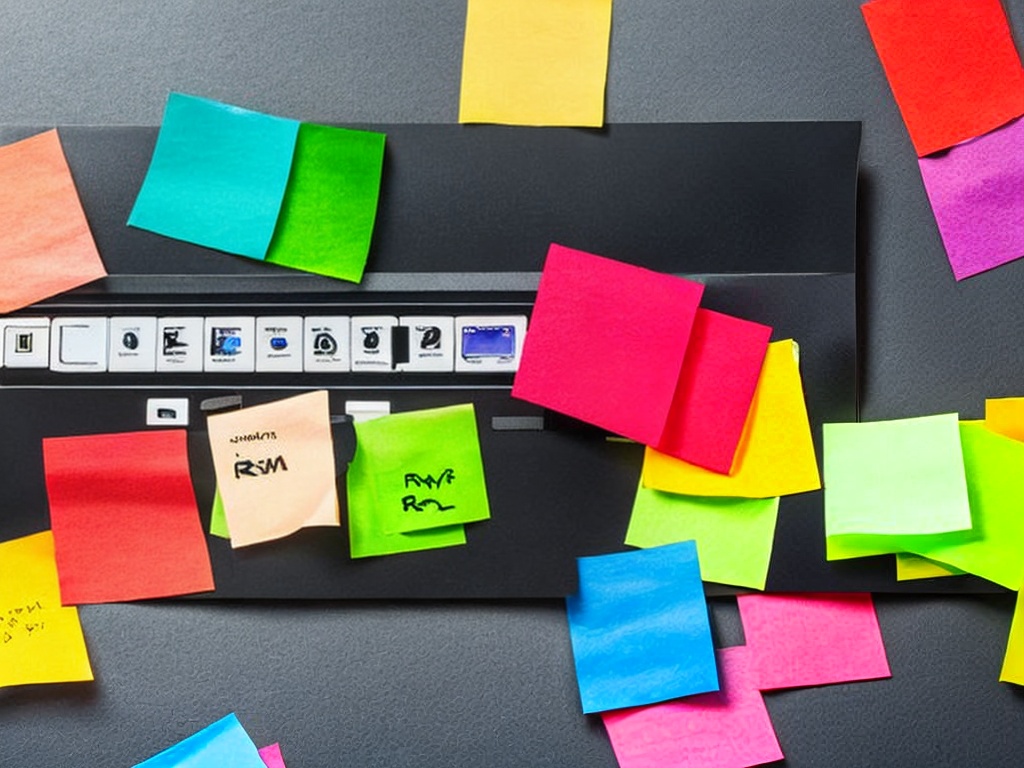 RAW photo, a close-up of a laptop displaying a user-friendly AI no code platform, surrounded by colorful sticky notes and sketches, signifying brainstorming and creativity, soft ambient lighting, 8k uhd, high resolution, film grain, Canon EOS R5