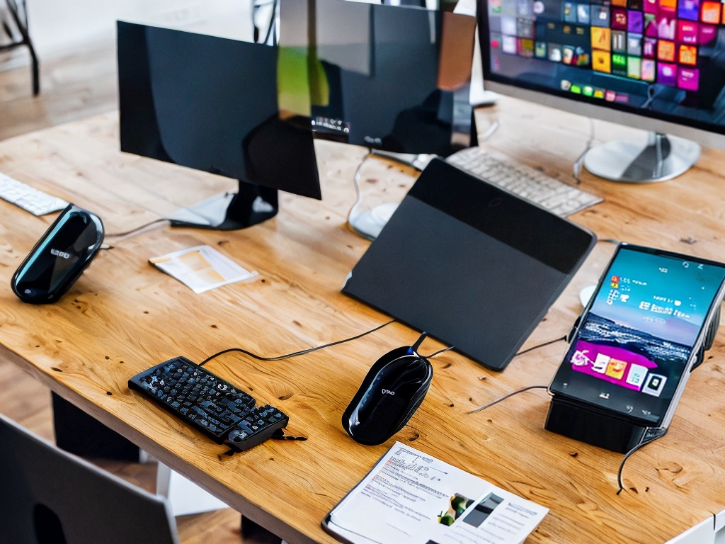 RAW photo, a creative workspace featuring AI-driven customer service solutions on digital devices, innovative tools and gadgets surrounding a sleek desk, vibrant colors, natural lighting, 8k UHD resolution, capturing sharp details with a Sony A7 III