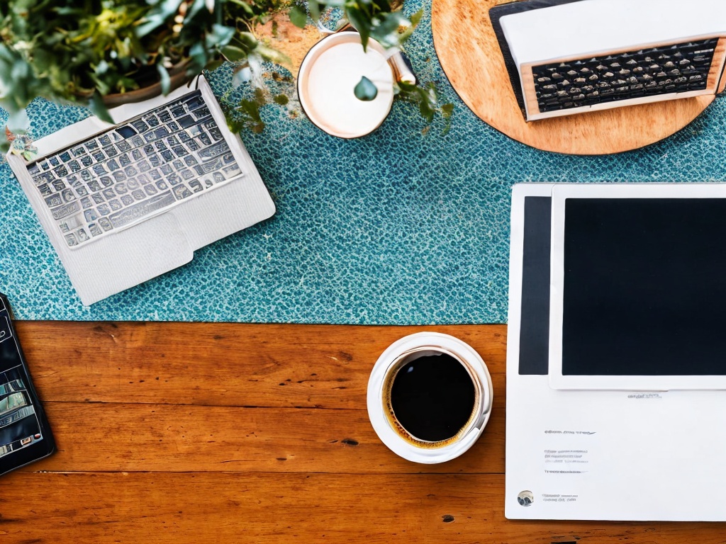 RAW photo, an overhead shot of a workspace with a computer screen showcasing a list of free AI tools, cluttered desk with notebooks and coffee cup, warm lighting, 8k UHD, high resolution, realistic photo, Canon EOS R5