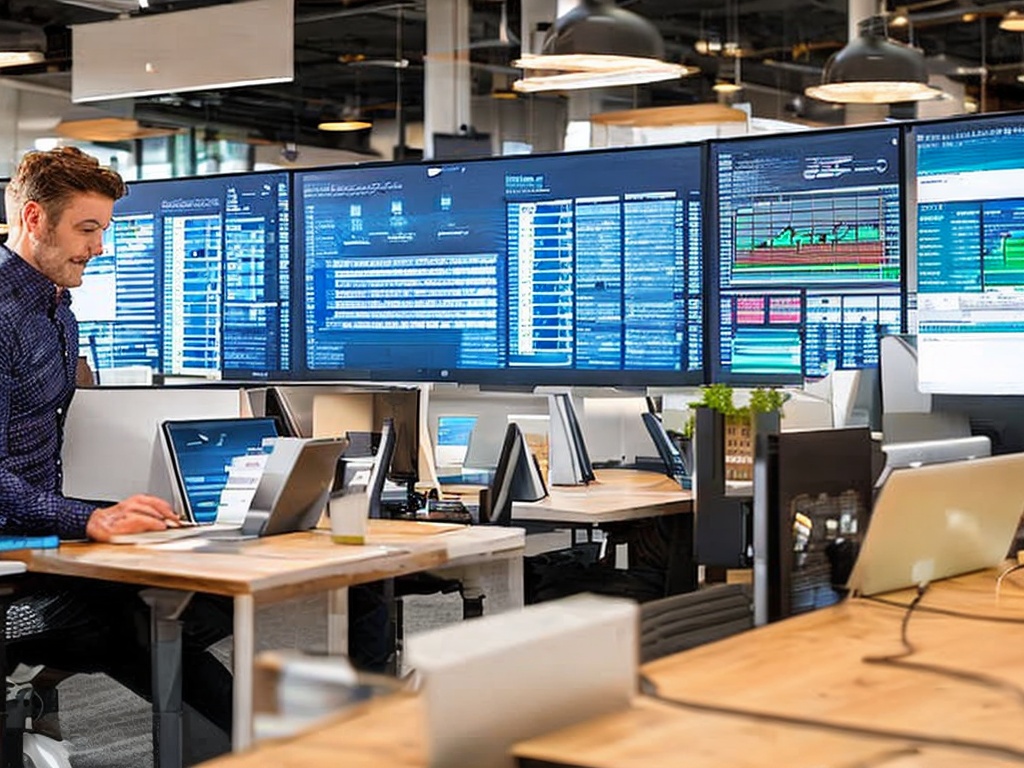 RAW photo, a business professional in an office setting analyzing data on a screen with various AI marketing tools visualizations, soft natural lighting through a window, a dynamic workplace vibe, 8k uhd, high resolution