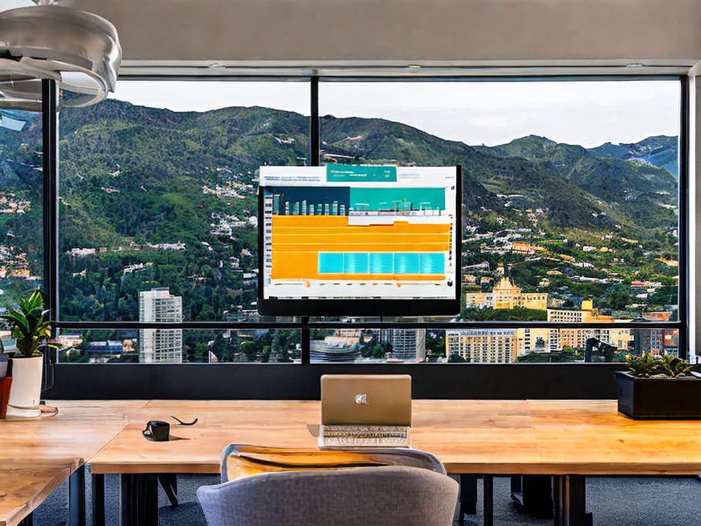 RAW photo, a modern office workspace displaying a computer screen with AI marketing analytics, showcasing data visualizations and graphs, well-lit environment, 8k UHD, high quality, realistic photo