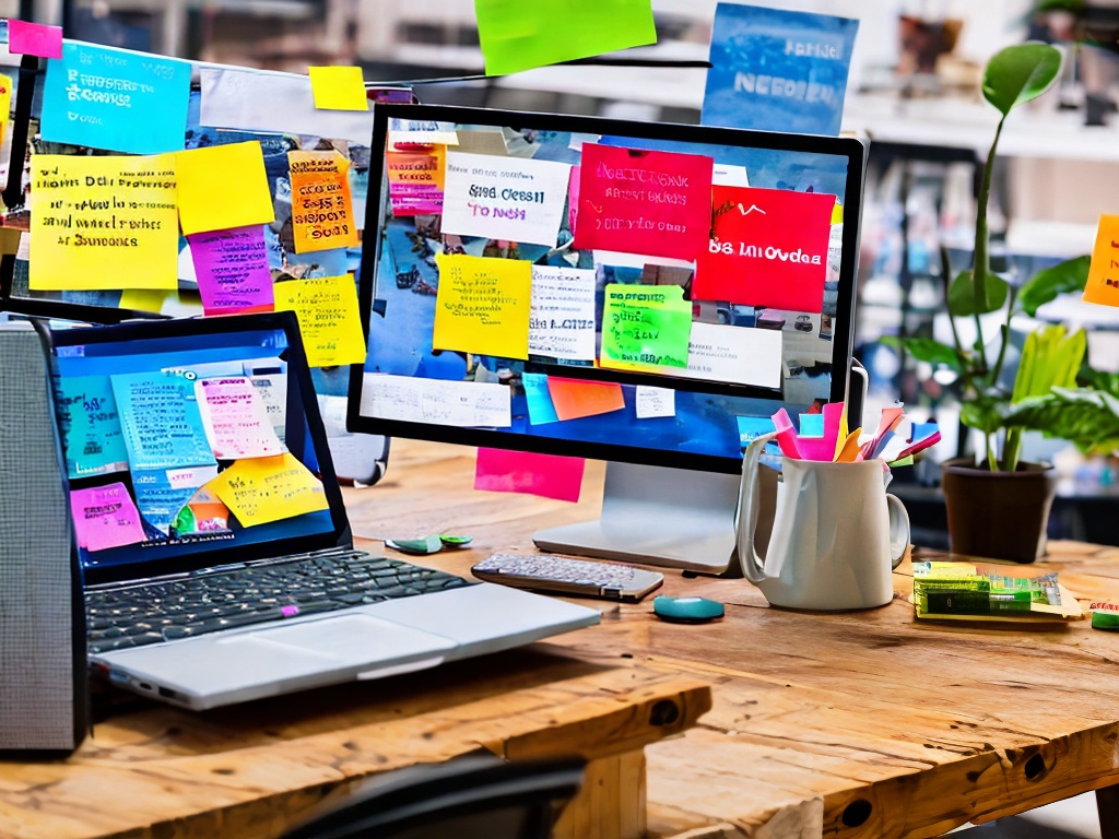 RAW photo, a close-up of a laptop screen showing a no code AI platform with various color-coded blocks and flowcharts, surrounded by brainstorming materials like sticky notes and sketches, natural light streaming through a window, 8k UHD, realistic photo with vivid colors