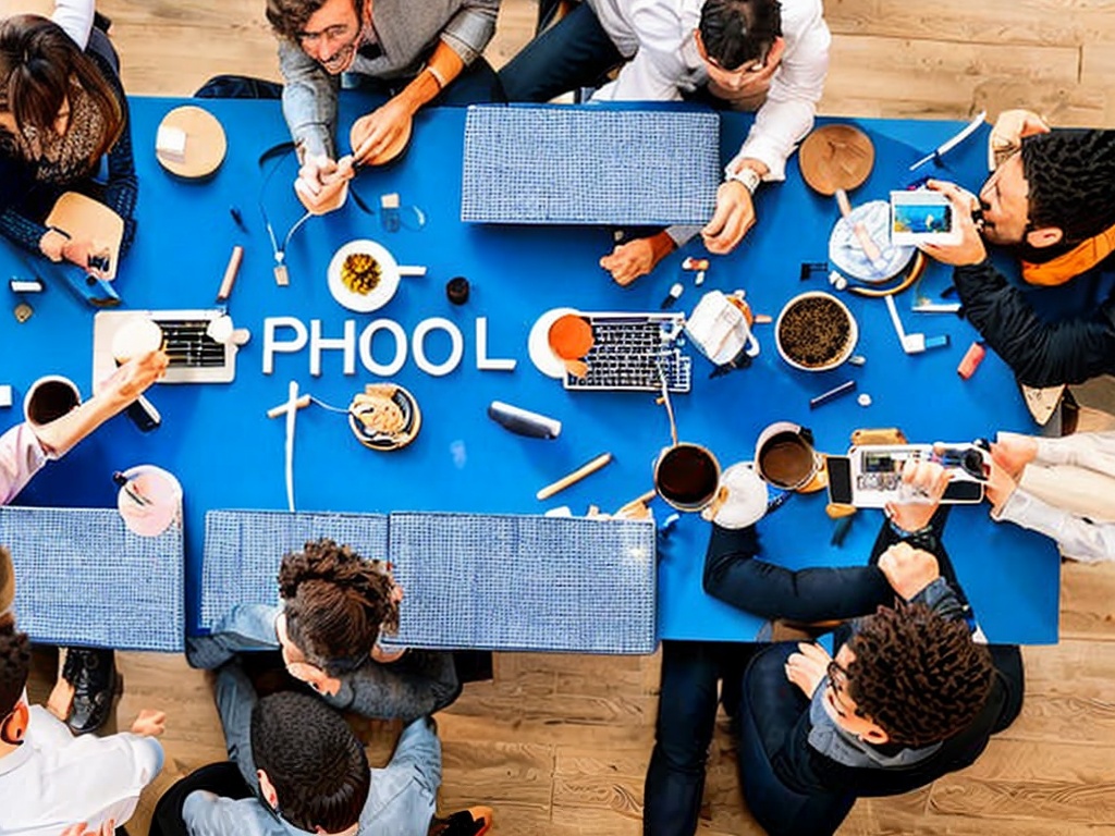 RAW photo, an overhead shot of a team collaborating on a no code AI model building project, showing diverse individuals engaged in dynamic discussions and interactive elements on screens, modern tech-savvy environment, 8k UHD, high resolution, capturing a sense of teamwork and innovation