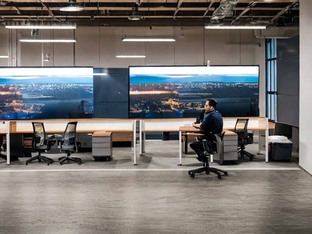 RAW photo, a workspace featuring a person interacting with a large screen displaying a no code AI model builder interface, bright and modern office environment, soft focus on the foreground, 8k UHD, high-quality, film grain, Fujifilm XT3