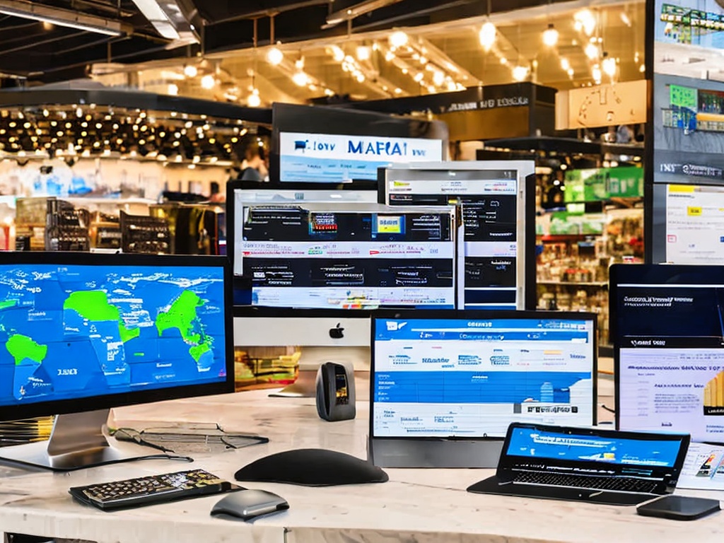 RAW photo, a screen displaying an AI-powered marketing dashboard with data analytics, surrounded by tech devices and marketing materials, bright lighting, futuristic vibe, 8k UHD, high resolution, sharp details