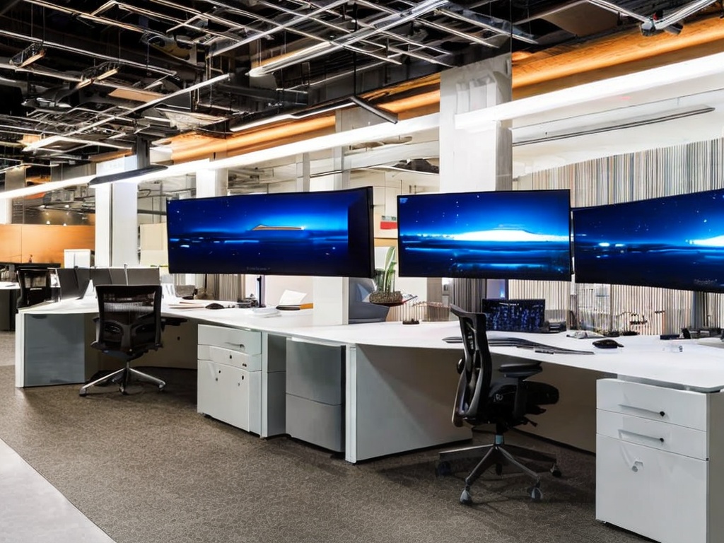 RAW photo, a modern workspace featuring dual monitors displaying complex AI programming software interfaces, sleek design with ambient LED lighting, 8k UHD resolution, realistic photo, capturing the essence of technology and innovation, high-quality, film grain