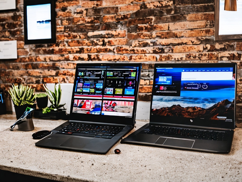 RAW photo, a modern workspace filled with advanced technology gadgets, showcasing a sleek laptop with AI marketing software on the screen, natural soft lighting, high resolution 8k UHD, realistic photo, subtle film grain, Canon EOS R5