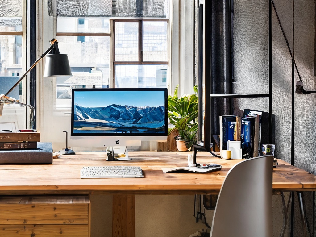 RAW photo, a workspace setup featuring a desktop with an open window for downloading an AI program, accompanied by coding books and gadgets, showcasing a modern tech aesthetic, bright natural light illuminating the scene, 8k UHD, high quality, capturing detailed textures and colors