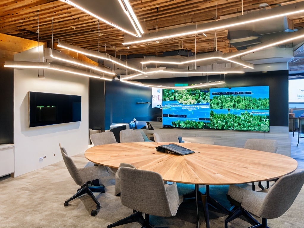 RAW photo, a dynamic meeting room where a team discusses AI-generated marketing strategies, with visuals of campaigns projected on a screen, modern furniture, and high-tech gadgets present, well-lit with natural light, 8k uhd, high resolution, realistic imagery