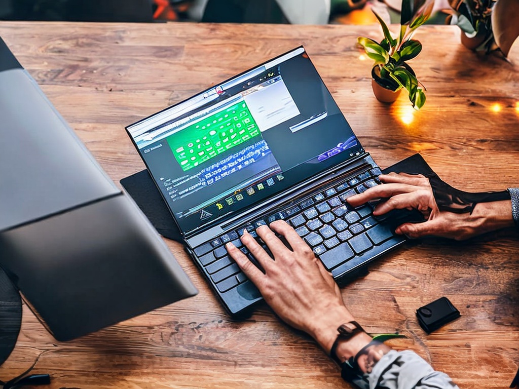 RAW photo focusing on a programmer's hands typing on a mechanical keyboard, with a laptop screen showing an AI programming interface, warm backlighting in a collaborative workspace, high resolution, 8k uhd, realistic details depicting the coding process