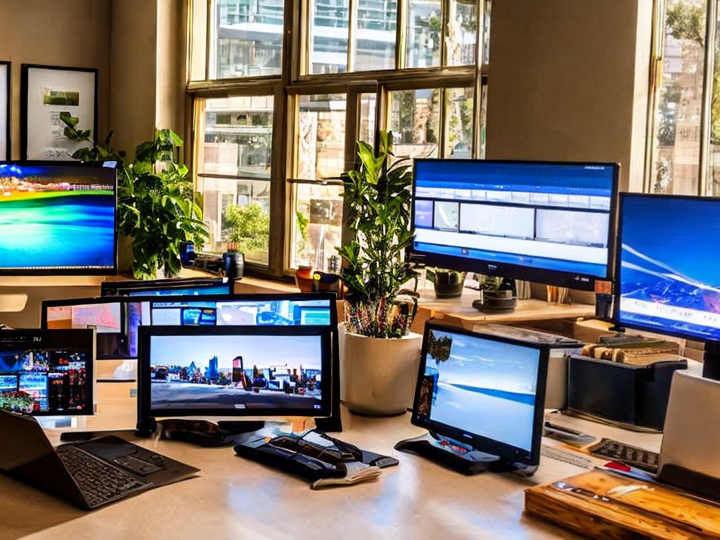 RAW photo, a modern workspace featuring multiple monitors with AI programming software open, a laptop with coding tools, and tech gadgets scattered around, natural light streaming in, creating a vibrant and inspiring environment, 8k UHD, high-quality details.