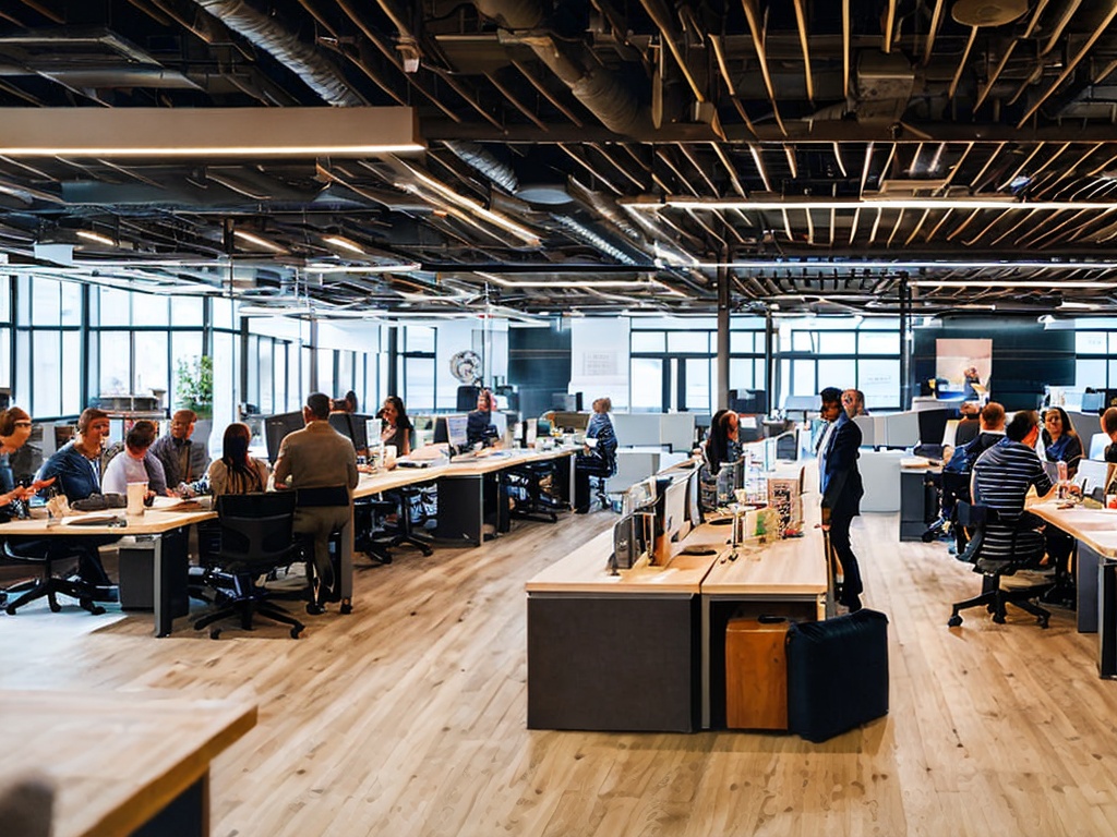 RAW photo, an open-plan office with a diverse team engaged in discussions about AI-driven customer service strategies, dynamic teamwork vibe, warm and inviting lighting, 8k UHD, high quality, realistic photo, incorporating film grain for texture, captured with a Sony A7 III