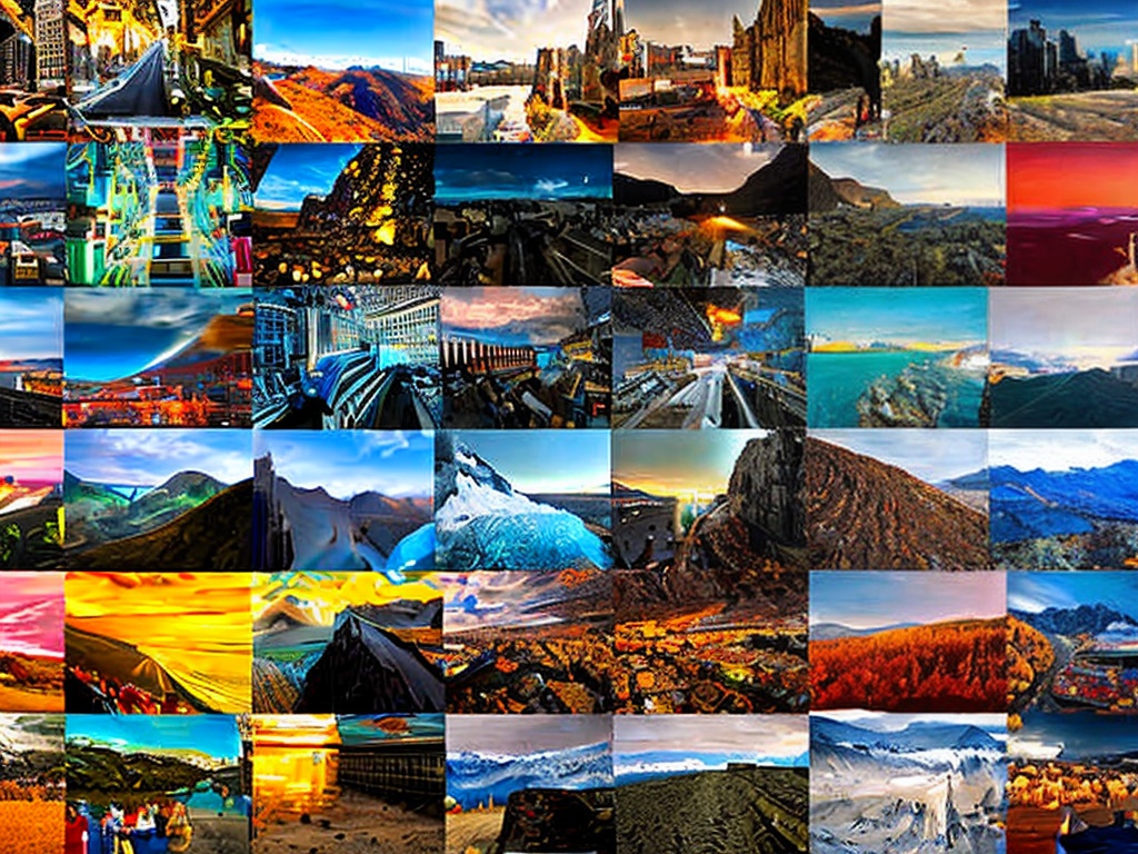 RAW photo, an artistic representation of various media outputs generated by AI, including text, images, and videos, displayed in a creative collage format, bright and dynamic lighting, 8k UHD, high-resolution, realistic photo, captured using a Nikon D850