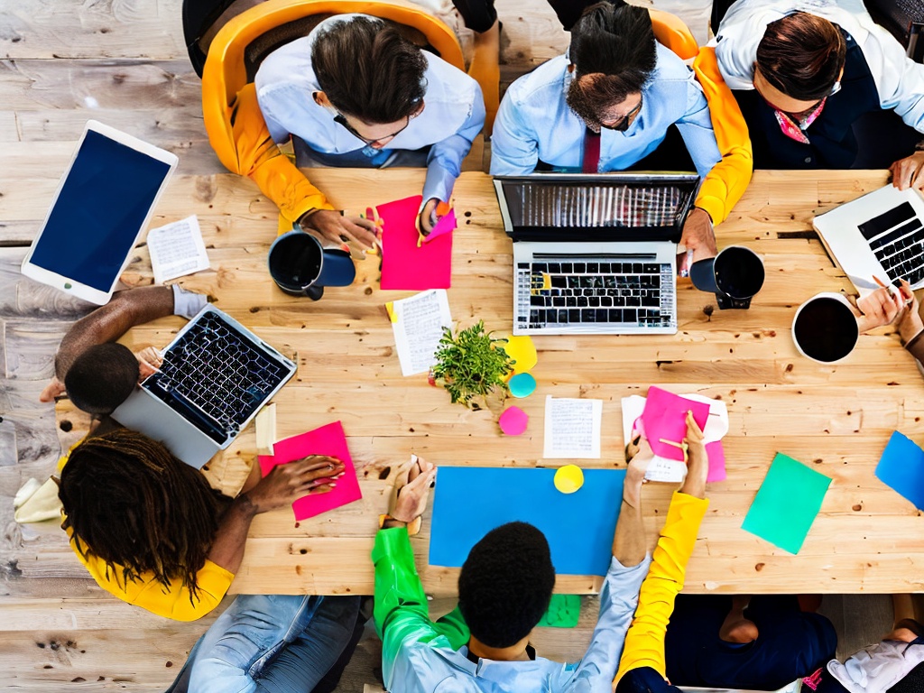 RAW photo, an overhead shot of a digital marketing team collaborating with AI tools on multiple devices, showcasing graphs, charts, and strategy notes scattered around, vibrant colors and dynamic lighting, 8k UHD, high resolution, captured with a professional DSLR camera