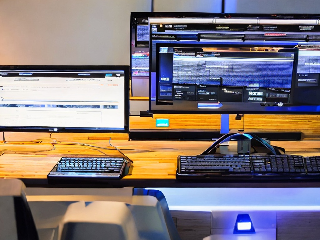 RAW photo, a futuristic workspace with a sleek computer setup displaying an AI content generator interface, ambient blue light, digital elements floating in the air, 8k UHD, high quality, realistic photo, film grain, captured with a Canon EOS R5