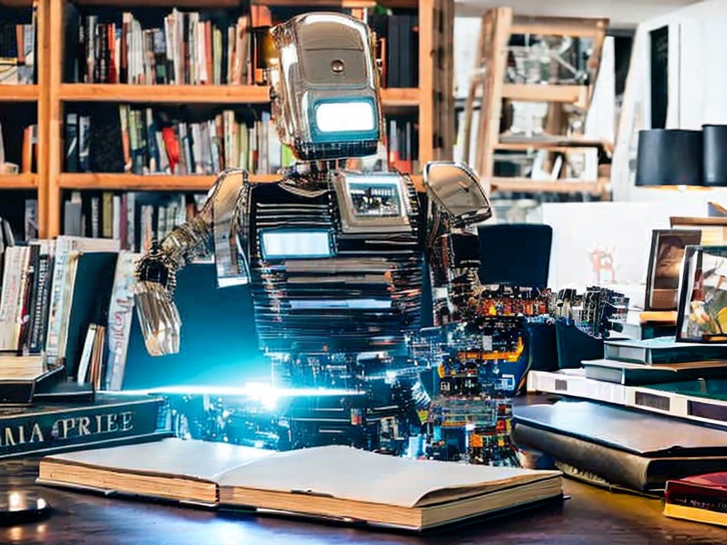 RAW photo, an imaginative scene depicting a robot crafting written content and visual arts, surrounded by books and technological devices, conveying the fusion of creativity and technology, ambient lighting, high resolution, 8k UHD