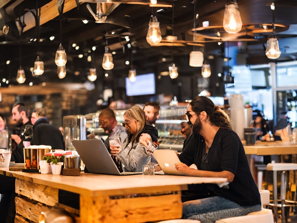 RAW photo, an inviting coffee shop with people utilizing laptops, showcasing free AI tools on their screens, warm ambient lighting creating a cozy feel, 8k UHD, high resolution, realistic photo, subtle film grain, taken with a Nikon Z6