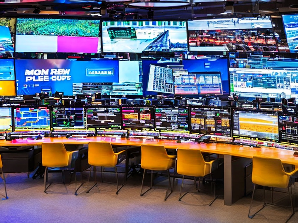 RAW photo, a high-tech marketing control room filled with large screens displaying AI-driven data and ad campaigns, professionals analyzing metrics in action, vibrant and engaging visuals, ambient lighting, 8k uhd, high resolution, capturing the essence of technology in the modern marketing landscape