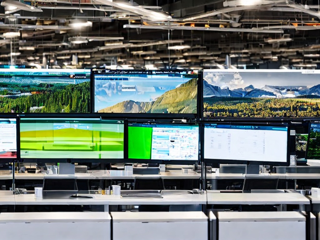 RAW photo, a modern workspace featuring multiple computer screens displaying various AI applications in action, sleek and organized layout, bright natural lighting, 8k uhd, high quality, realistic photo