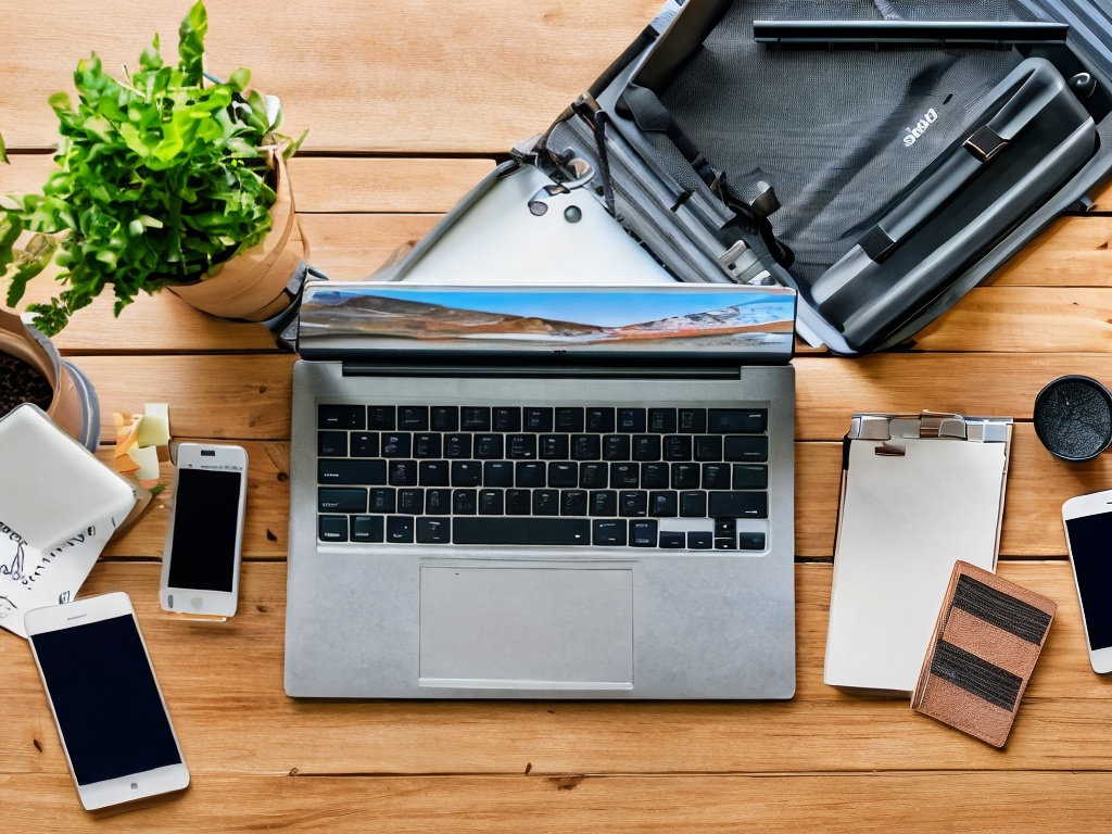 RAW photo, a flat lay of desk items including a laptop, smart devices, and productivity AI apps open on the screens, arranged neatly with coffee and stationery, well-lit environment, 8k UHD, high clarity, realistic photo, capturing an inviting workspace atmosphere