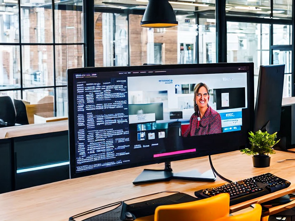 RAW photo, a modern office setup featuring a computer screen displaying AI customer support tools, with a person actively engaging in a chat interface, bright and professional lighting, 8k UHD, high quality, realistic photo, subtle film grain.