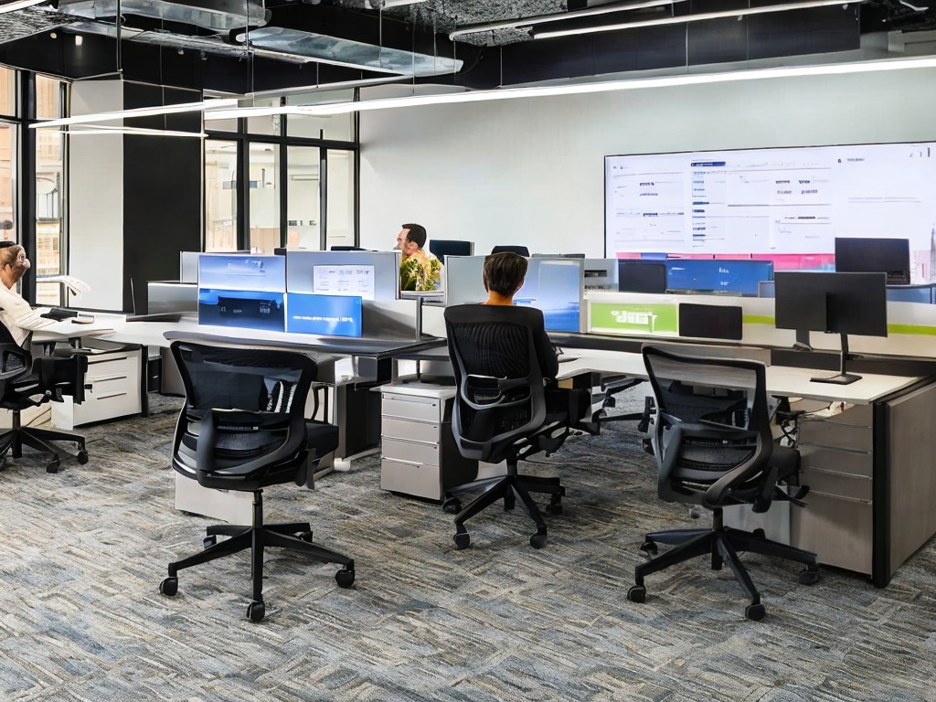 RAW photo, a modern office space featuring an AI data analytics dashboard on a large screen, professionals collaborating around a conference table, bright ambient lighting, high detail, 8k UHD, realistic photo, capturing the essence of technology in market research.