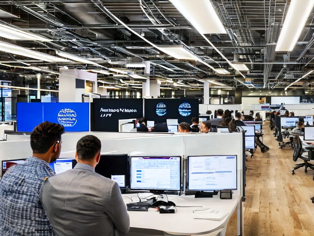 RAW photo, a modern office setting showcasing advanced AI technologies being used in marketing, featuring a diverse group of professionals collaborating at a high-tech workstation with screens displaying data analytics, 8k uhd, realistic lighting, high resolution, Fujifilm XT3