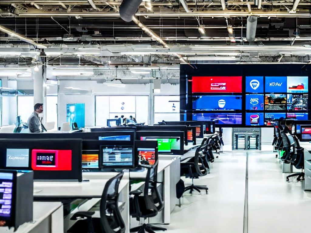 RAW photo, a futuristic office environment with advanced technology displaying AI-driven marketing analytics on large screens, vibrant colors, high contrast, 8k UHD resolution, high quality, film grain, Fujifilm XT3