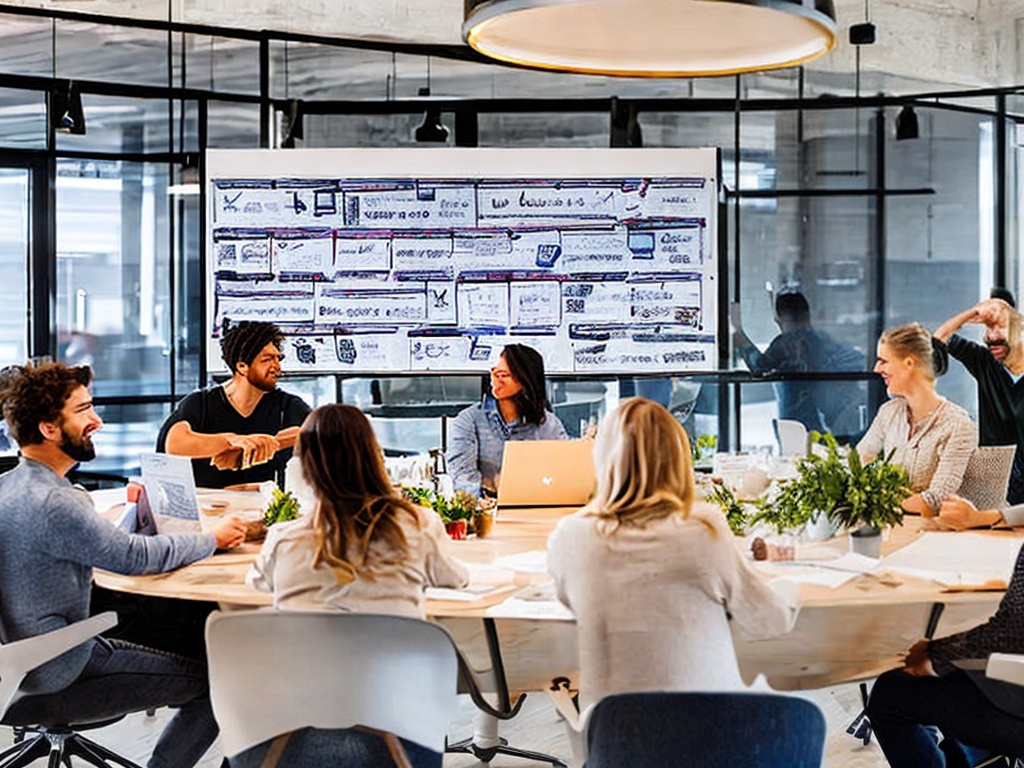 RAW photo, a visually engaging scene of a marketing team brainstorming AI-driven strategies, with whiteboards filled with ideas and high-tech devices on the table, vibrant yet warm natural lighting, 8k UHD, capturing the energy and creativity of a marketing environment