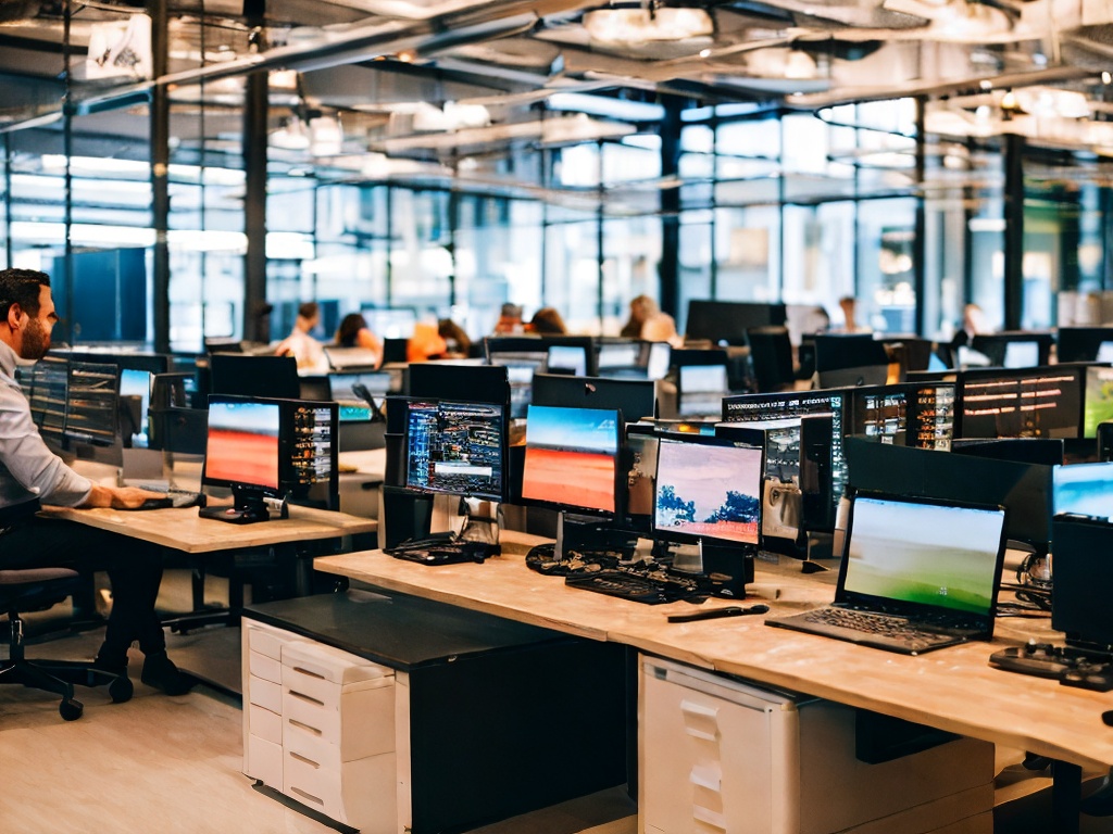 RAW photo, a person sitting at a desk surrounded by computer screens and coding on a laptop, showcasing a modern workspace for AI development, ambient lighting from screens, 8k UHD, high quality, realistic photo, subtle film grain, Fujifilm XT3