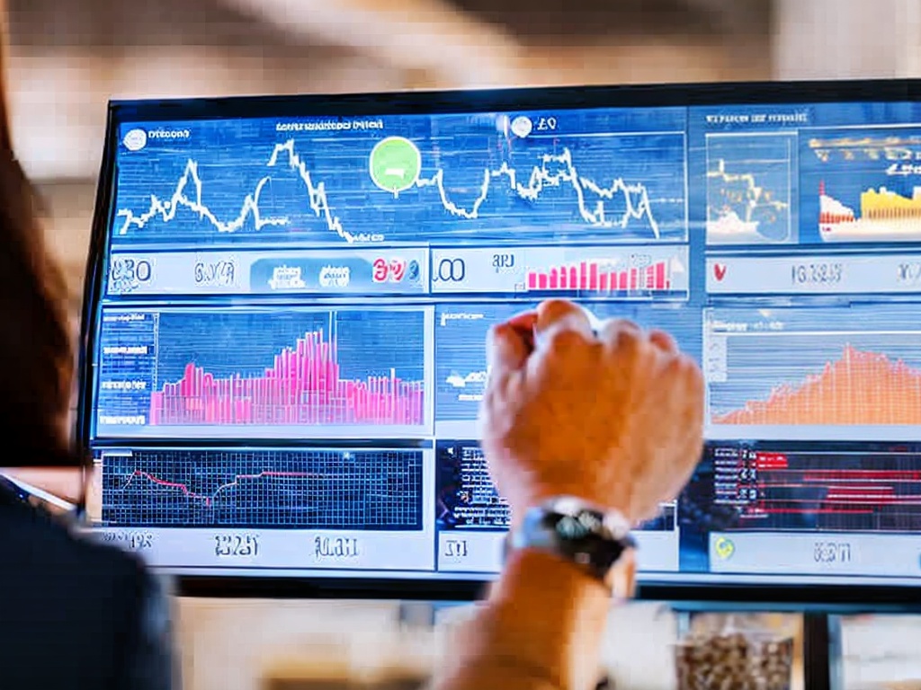 RAW photo, close-up of hands navigating an advanced AI dashboard showing market trends and analytics, futuristic interface design with vibrant graphics, detailed view, soft focus on the background, 8k UHD high quality