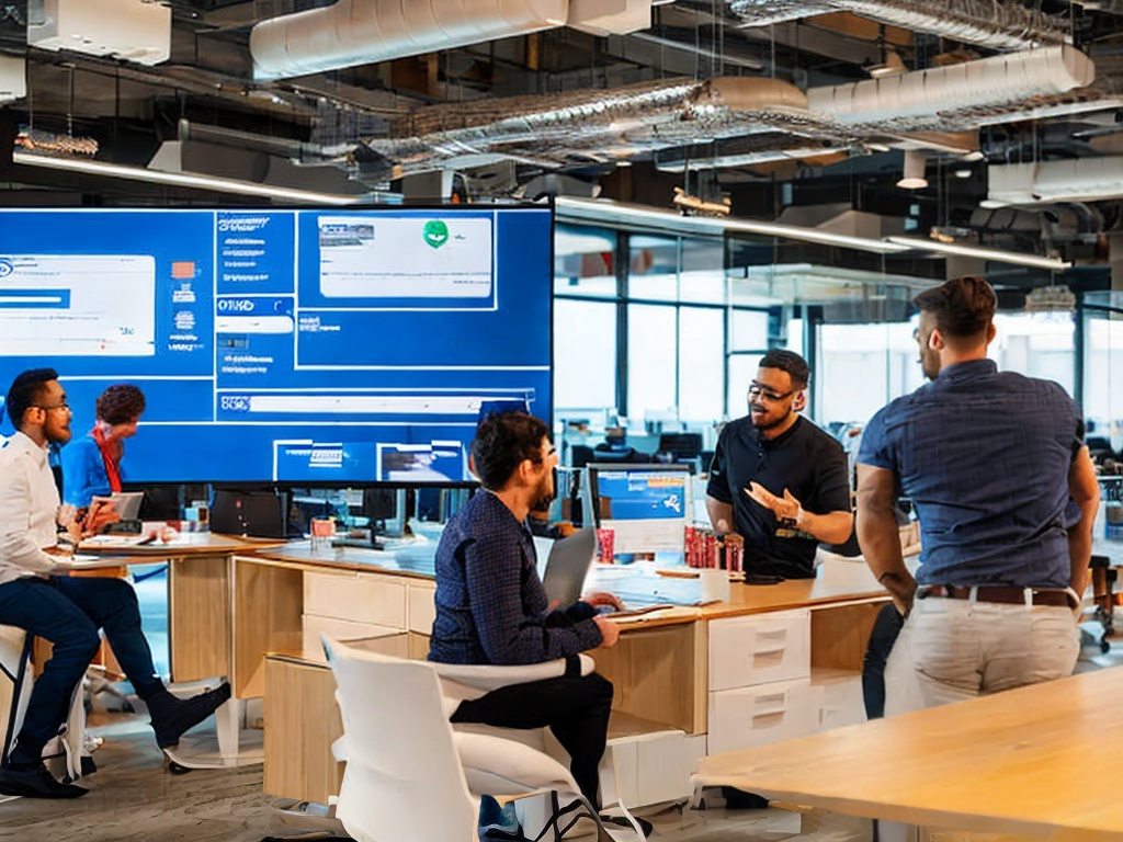 RAW photo, a team of diverse programmers discussing AI software development around a large screen displaying a flowchart, with coding snippets visible, a modern office setting, soft lighting enhancing the creative atmosphere, 8k UHD, capturing dynamic interactions.