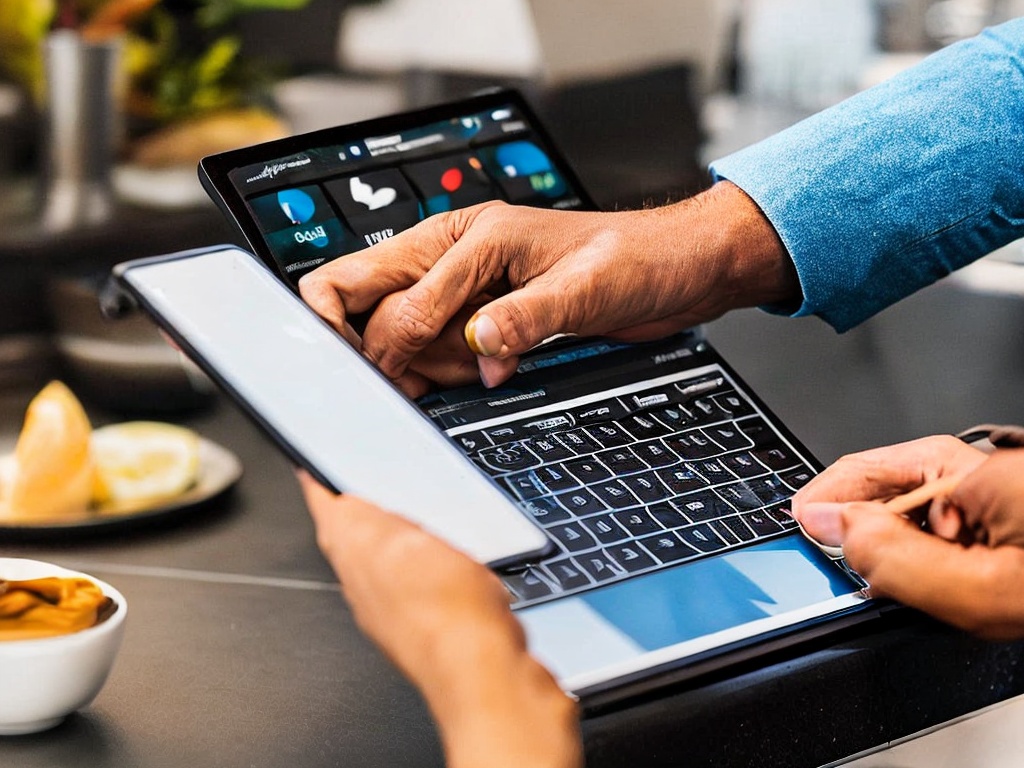 RAW photo, a close-up shot of a person using an AI customer service tool on a tablet, focused on the touchscreen interface with vibrant graphics and user-friendly design, natural light creating a warm atmosphere, 8k UHD, high resolution, capturing fine details with a DSLR camera