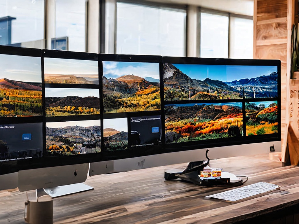 RAW photo, an innovative workspace featuring multiple screens displaying advanced AI content marketing tools in action, soft natural lighting, showcasing a blend of technology and creativity, 8k UHD resolution, high quality, realistic photo, film grain, Fujifilm XT3