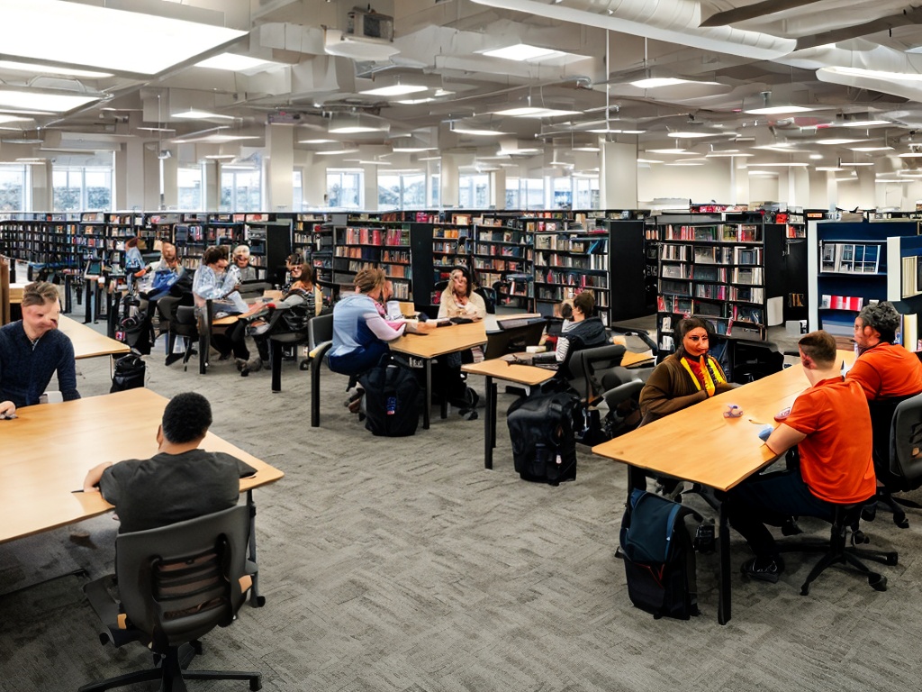 RAW photo, an inviting library setting with individuals engaging in a workshop about free AI resources, books and laptops open on tables, soft lighting filtering through large windows, 8k uhd, high quality, capturing a sense of learning and community.