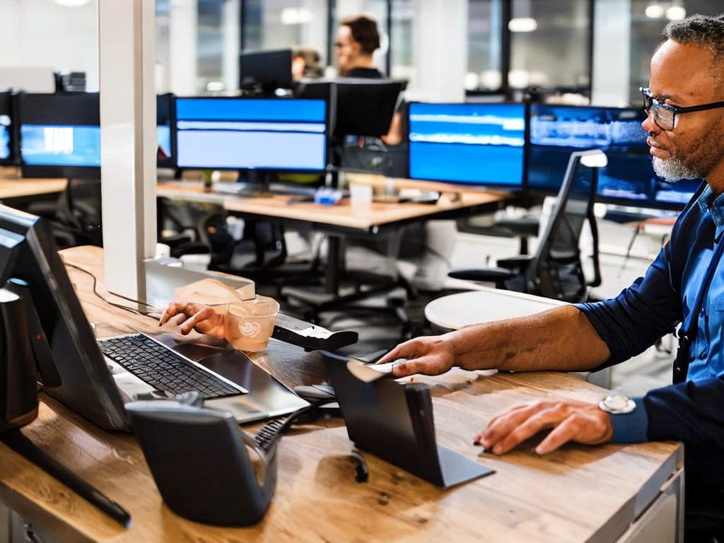 RAW photo, a tech support agent providing assistance via a computer in a modern office environment, showcasing a detailed workspace with advanced technology, soft lighting, 8k UHD, high quality, realistic photo, subtle film grain, Fujifilm XT3