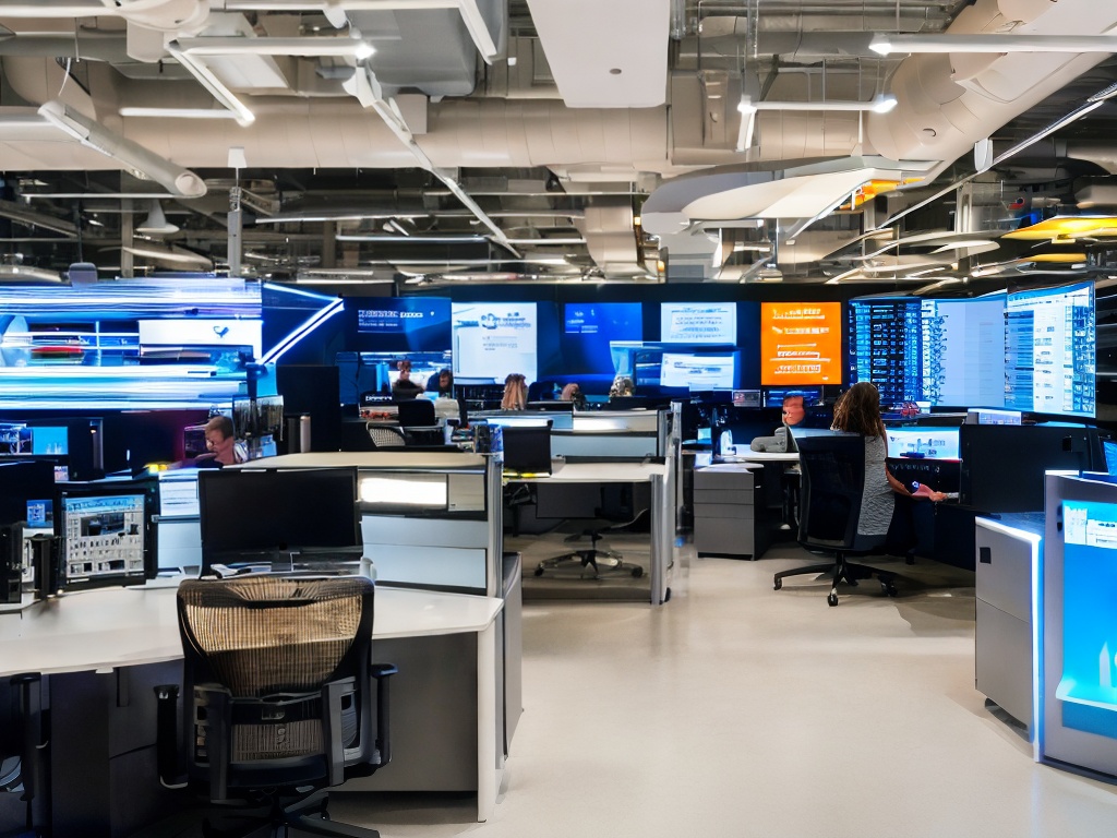 RAW photo, a futuristic office space with a diverse group of IT support professionals collaborating on AI technologies, showcasing multiple screens, holographic displays, and a vibrant atmosphere, soft ambient lighting, 8k UHD, high quality, realistic photo