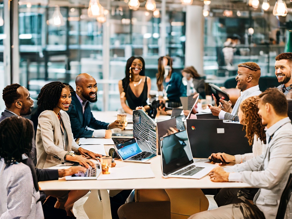 RAW photo, a group of diverse professionals collaborating in an office space, discussing AI customer service tools, with notebooks and digital devices around a table, soft diffused lighting, 8k uhd, high-quality, realistic photo, featuring a lively and engaging atmosphere