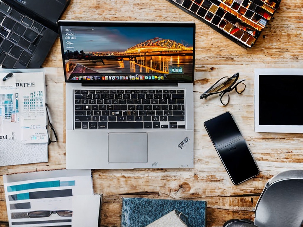 RAW photo, a close-up view of a laptop screen displaying an AI marketing tool interface, surrounded by notes and creative sketches on a stylish, modern desk, with soft focus on the background to emphasize the technology, 8k uhd, high quality, film grain, Fujifilm XT4