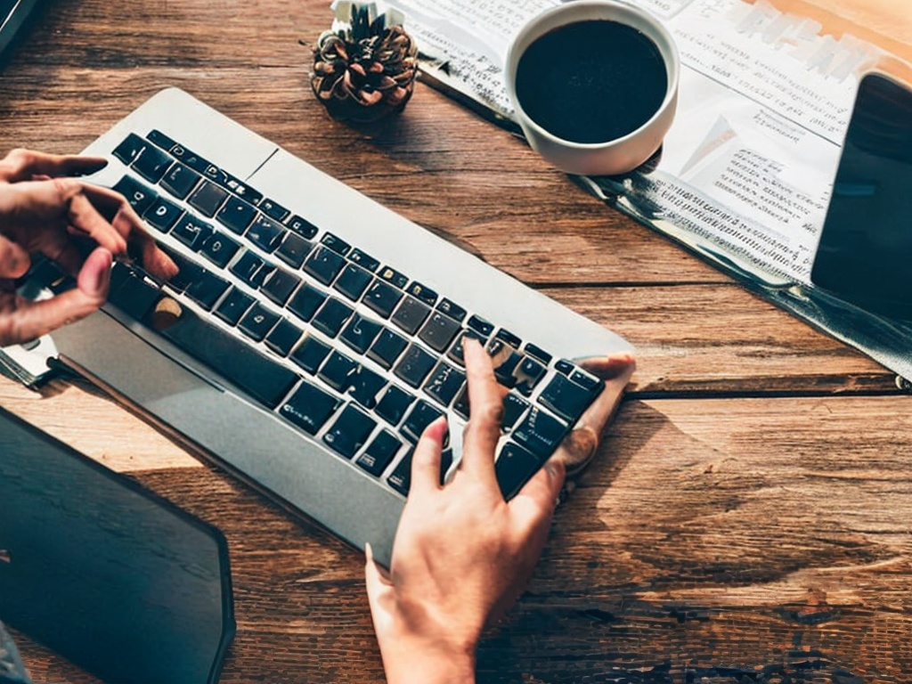 RAW photo, close-up of a person's hands typing on a keyboard, with open tabs on the screen showcasing AI-generated articles and visuals, warm light from a desk lamp creating a cozy atmosphere, 8k UHD, high resolution