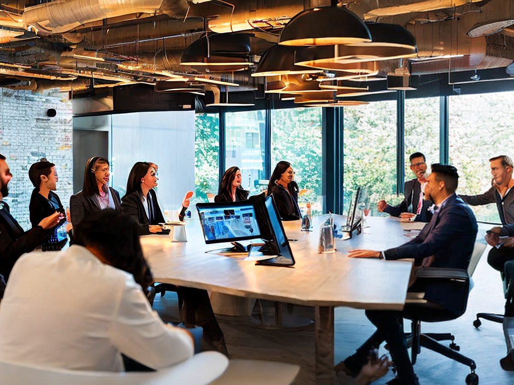 RAW photo, a business meeting in progress discussing AI-driven customer support solutions, diverse team members collaborating with digital tools projected in the background, energetic atmosphere, well-lit environment, 8k UHD resolution, capturing a dynamic teamwork scene.