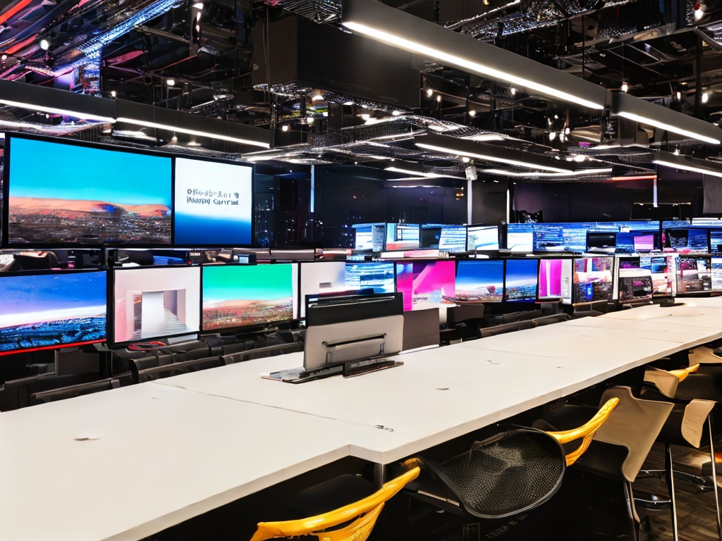 RAW photo, a futuristic workspace featuring an AI content creator setup with multiple screens displaying vibrant graphics and text, soft ambient lighting creating a tech-savvy atmosphere, 8k UHD resolution, realistic photo, high quality, Fujifilm XT3