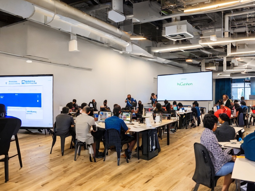 RAW photo, an open-source community event with people collaborating on AI projects, diverse individuals engaged in discussion over laptops and coding on whiteboards, bright and inviting atmosphere, 8k UHD, high resolution, capturing the spirit of innovation and inclusivity