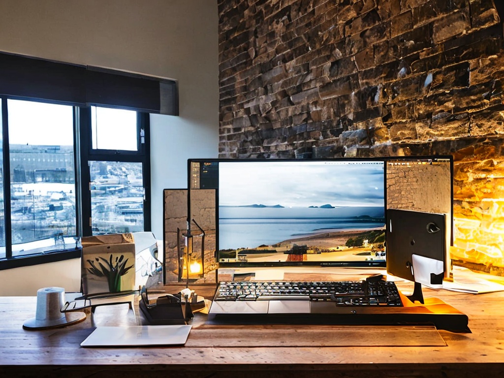 RAW photo, a modern workspace with a computer screen displaying a user interface of an AI software, soft natural lighting coming through a window, high quality, 8k UHD, realistic photo, subtle film grain effect, Fujifilm XT3