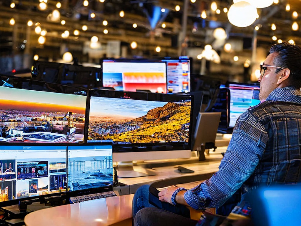 RAW photo, a professional-looking digital marketer working on AI-powered tools to generate content, surrounded by screens displaying analytics and graphics, warm ambiance lighting, 8k UHD resolution, capturing detailed imagery with a Sony A7R IV