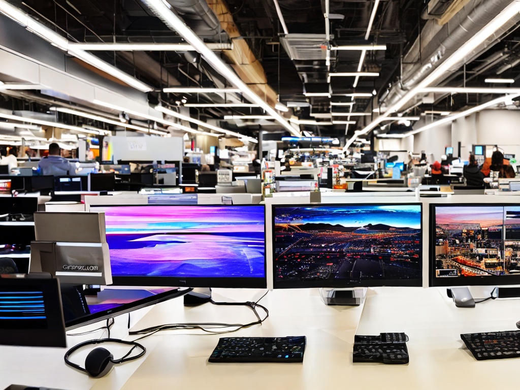 RAW photo, a vibrant digital marketing workspace featuring AI technology in action, with computer screens displaying graphs and analytics, ambient lighting, 8k uhd, high quality, realistic photo, subtle film grain, Fujifilm XT3