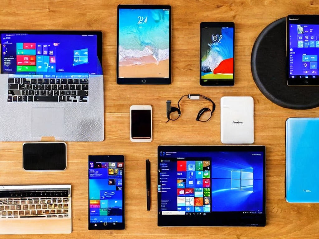 RAW photo, a creative flat lay of multiple devices (laptop, tablet, smartphone) each showcasing different free AI software icons on their screens, surrounded by tech gadgets and notes, bright and airy lighting, 8k UHD resolution, high-quality, realistic photo