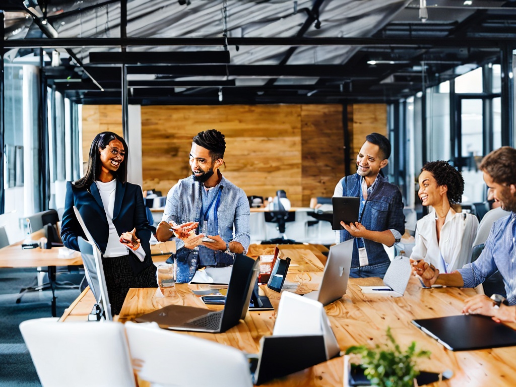 RAW photo, a team of diverse professionals analyzing AI-driven market research findings on tablets and laptops in a stylish meeting room, modern decor, bright and engaging atmosphere, 8k UHD resolution, capturing the intersection of technology and analytics in high detail.